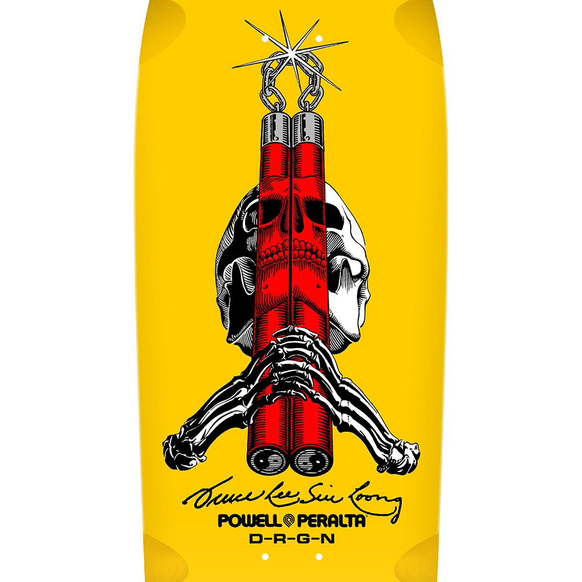 Powell Peralta Bruce Lee Collab Skull & Numchuck Skateboard Deck Yellow Shape 166 10.0