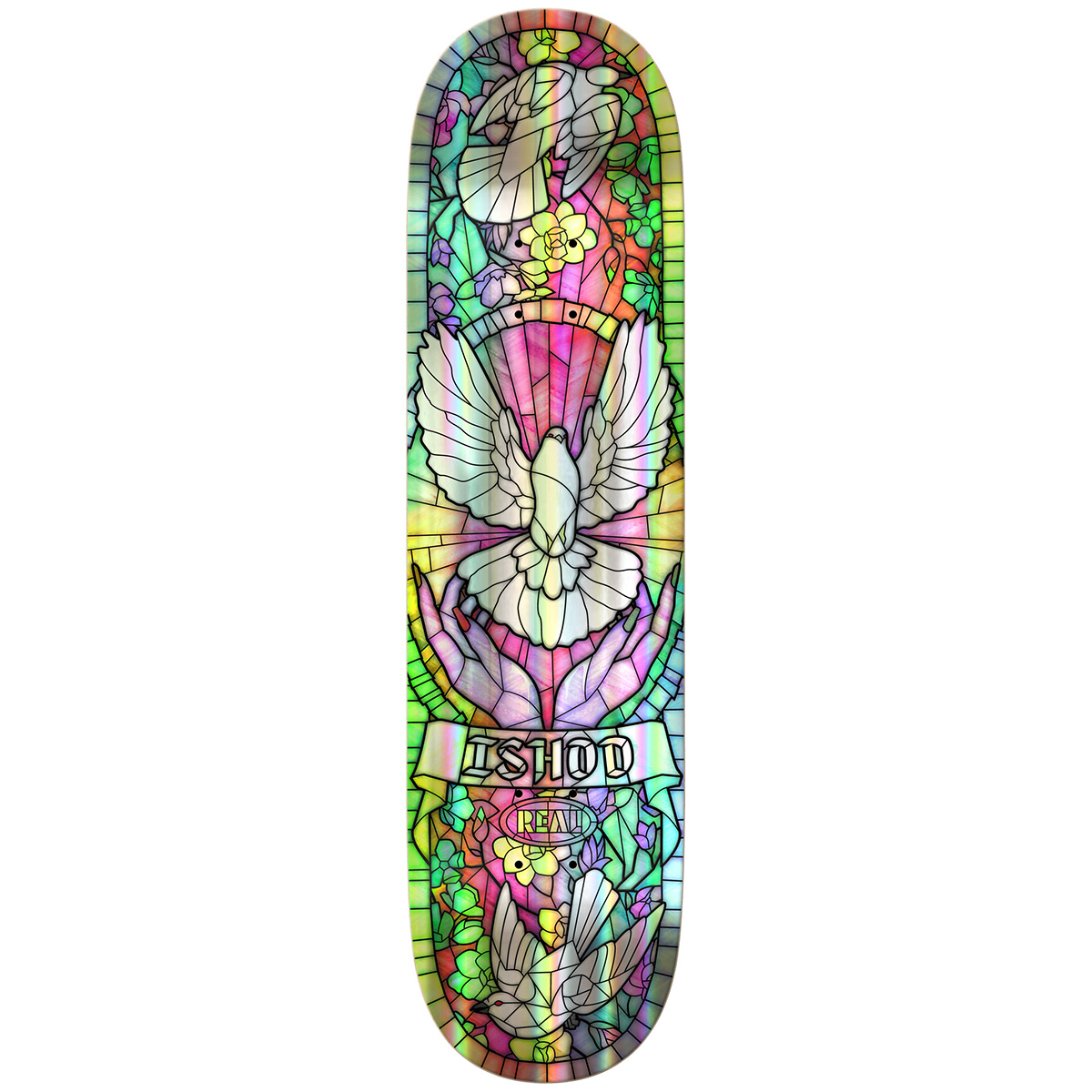 Real Ishod Holographic Rainbow Foil Cathedral Twin Tail Easy Rider Skateboard Deck 8.5